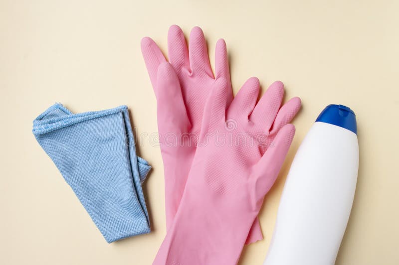 Bathroom Cleaning Tools, Detergent, Rubber Gloves, Fabric. Housekeeping. Stock Image Image of
