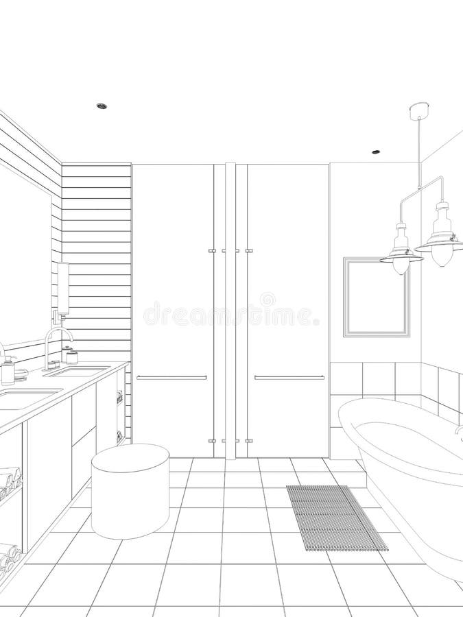 Bathroom Design Drawing Blueprint. 3D Render Stock Illustration