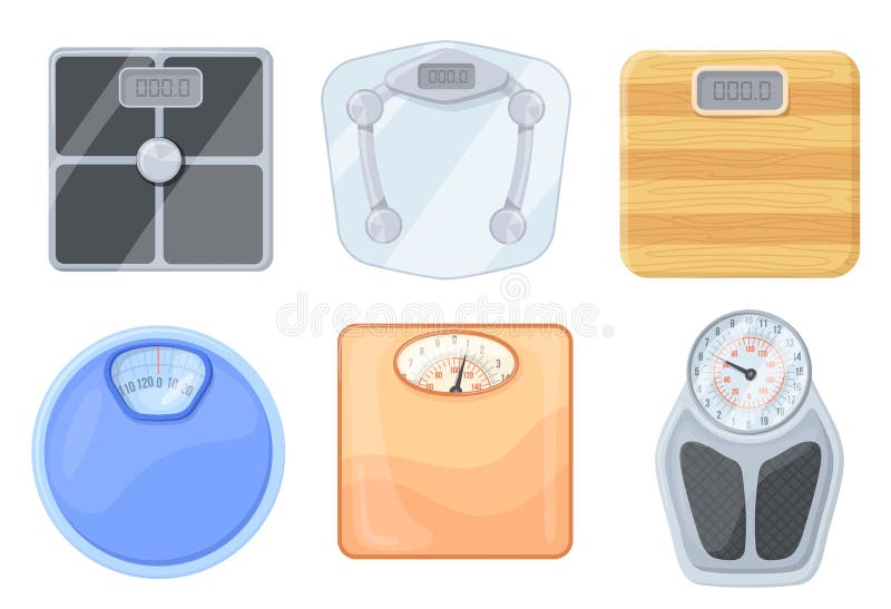 Bathroom digital scales. Household floor weight, electronic scale top view for foot weigh fat body in diet, measure balance weighing loss mass, vector illustration of household balance bathroom. Bathroom digital scales. Household floor weight, electronic scale top view for foot weigh fat body in diet, measure balance weighing loss mass, vector illustration of household balance bathroom