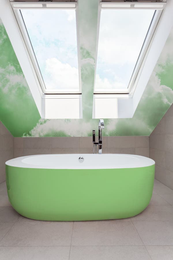 Bathroom with Green Bathtub Stock Photo Image of attic, progressive