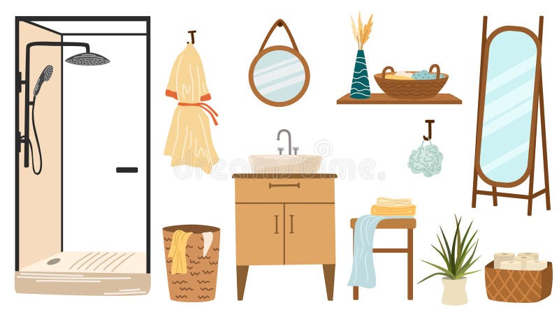 Bathroom interior flat style home elements set isolated on white. royalty free illustration