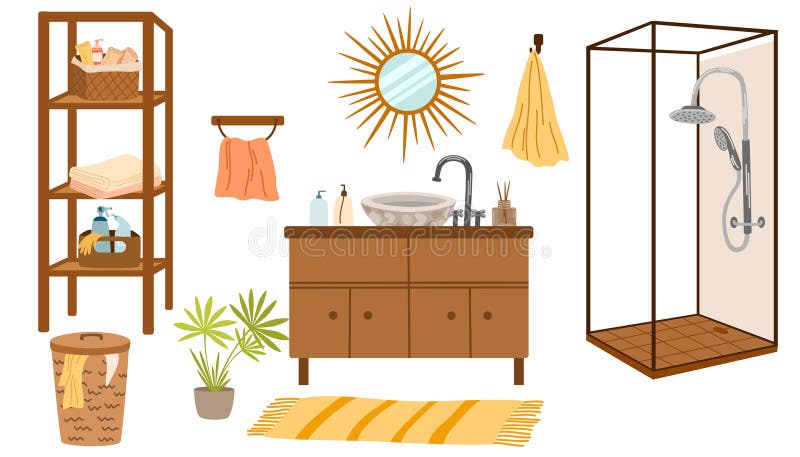 Bathroom interior flat style home elements set isolated on white vector illustration