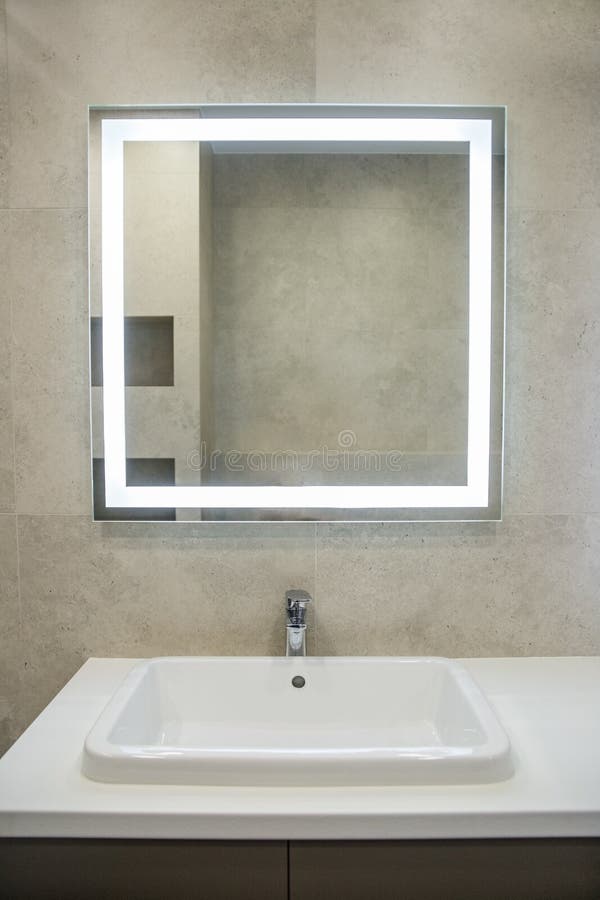 Bathroom Interior with Mirror and Wash Basin Stock Photo - Image of ...