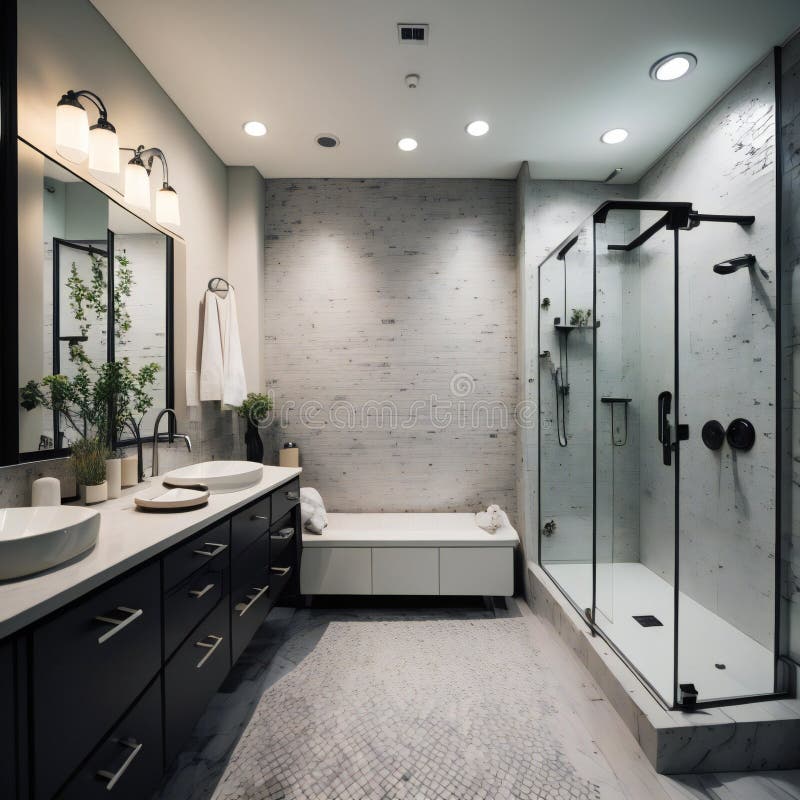 Bathroom Interior with Shower Cabin and Bathtub. Ai Generated Stock