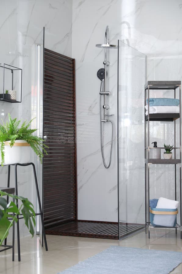 Bathroom with Shower Stall and Shelving Unit. Idea for Design Stock