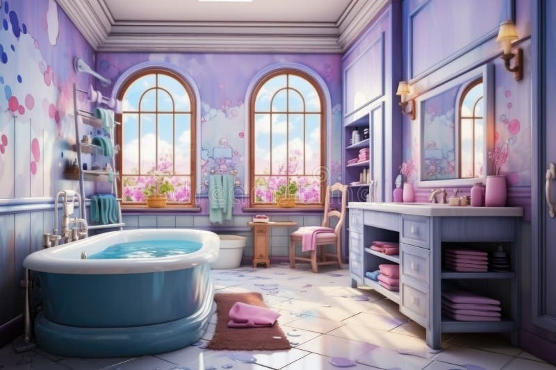A Bathroom with Purple Walls and Blue Tub, AI Stock Photo Image of
