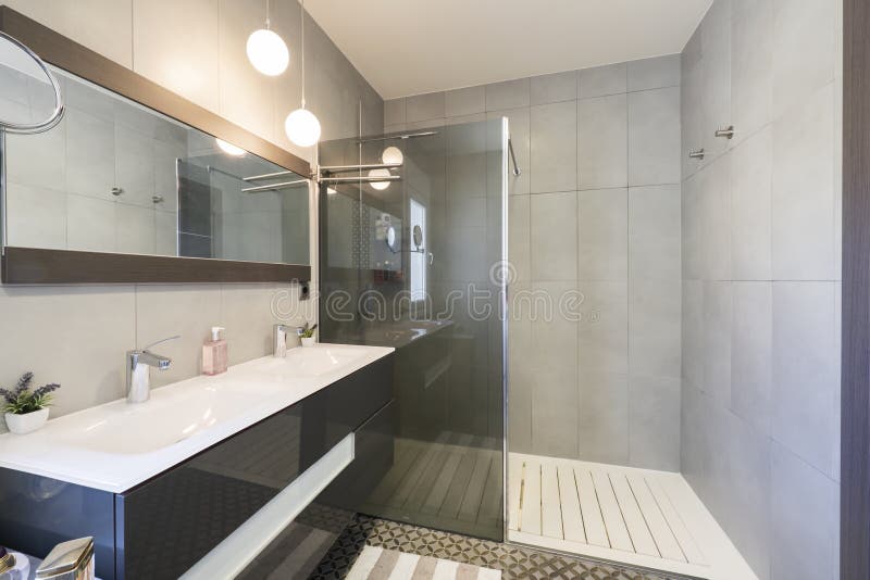 Bathroom with Rectangular Mirror, Gray with Double White Sink