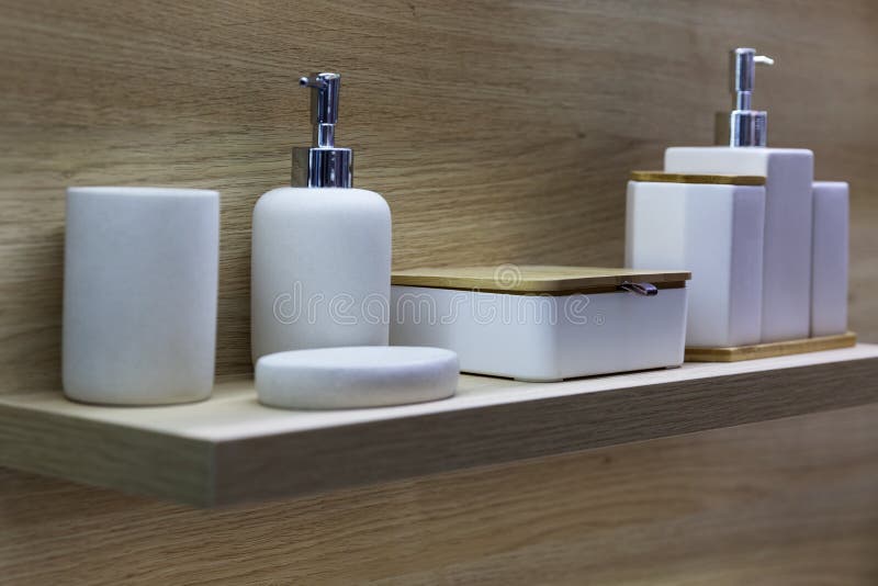 Bathroom Set on the Shelf. Beautiful Designer Interior Stock Image