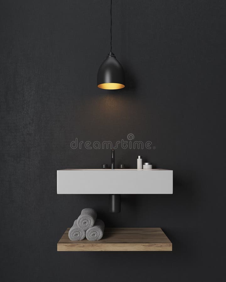 Bathroom sink with wooden shelf under it on black wall