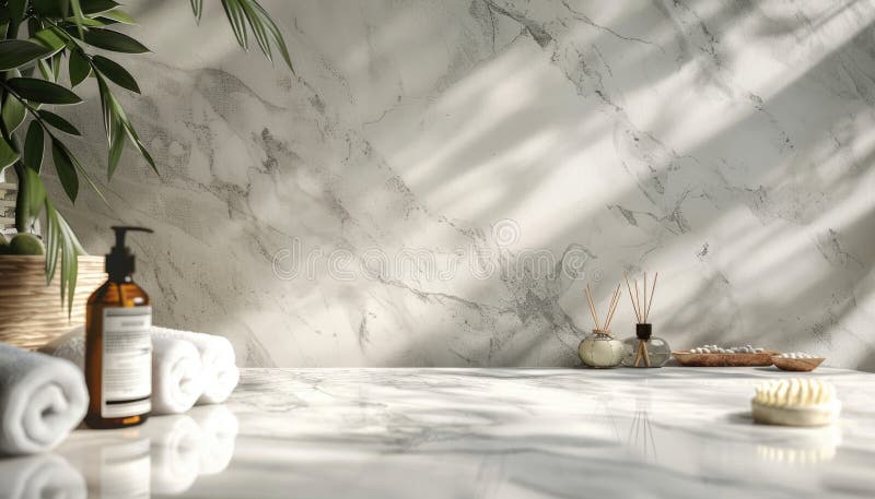 A bathroom with a white marble wall and a green plant by AI generated image.