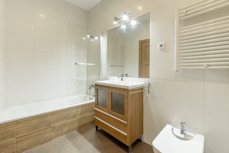 Bathroom with Wooden Wallmounted Mirror Stock Photo Image