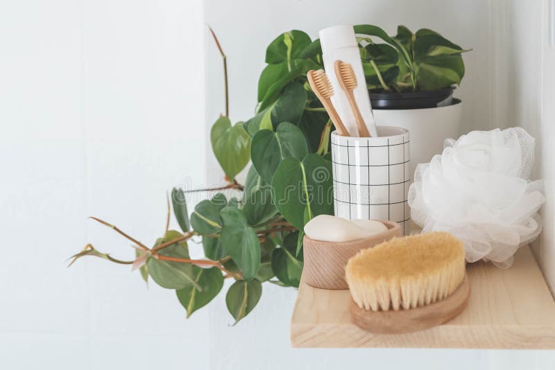 Bathroom wooden shelves eco friendly body care tools with potted plant neatly arrangement storage