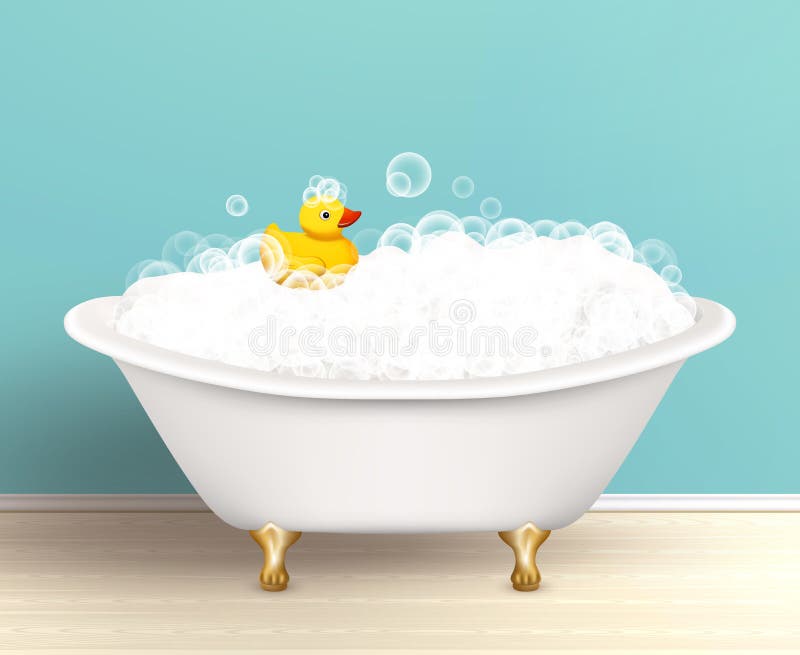 Bathtub cast a shadow on bathroom poster with foam and yellow rubber duck colored vector illustration. Bathtub cast a shadow on bathroom poster with foam and yellow rubber duck colored vector illustration