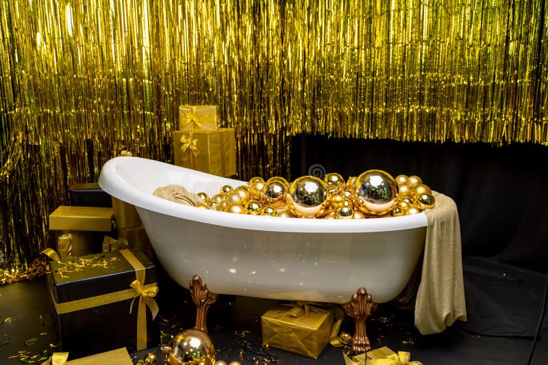 Bathtub Full of Golden Balls. Vintage Bright Bathroom Decorated with ...