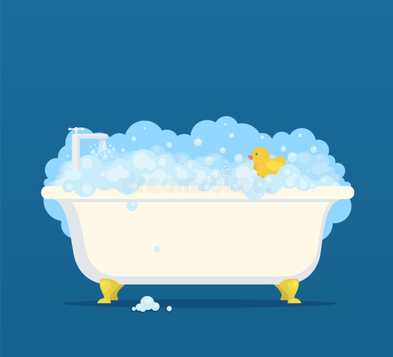 Bathtub with soap bubbles and cute duck. Illustration