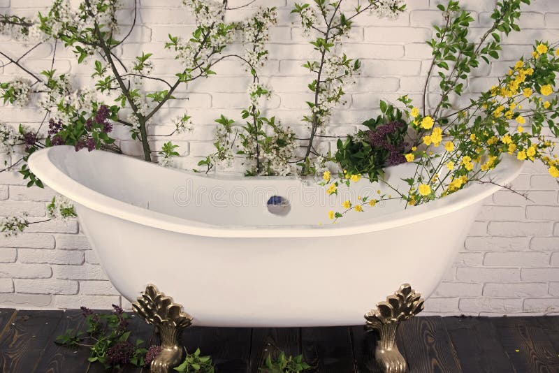 Bathtub at spring blossom, spa.