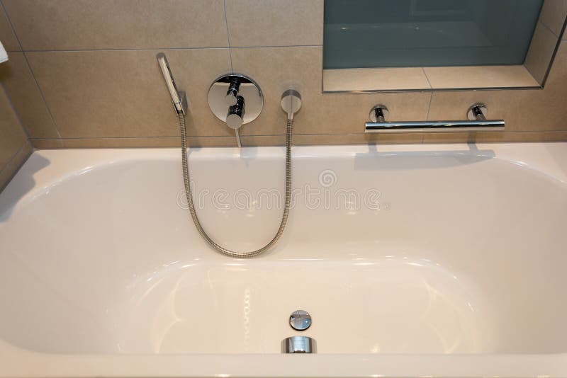 Bathtub White Ceramic and Wood Texture Interior Luxury Stock Photo