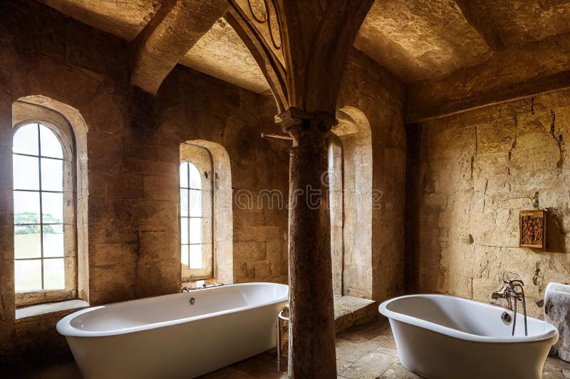 Bathtubs in Ancient Stone Bathroom Interior with Windows Digital