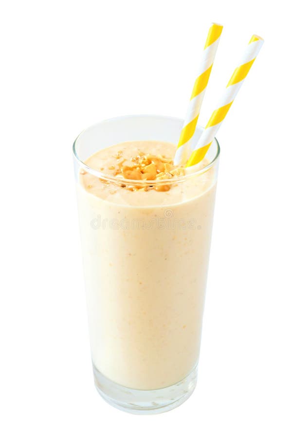 Batido da aveia da banana da manteiga de amendoim com as palhas isoladas no branco imagens de stock Batido da aveia da banana da manteiga de amendoim com as palhas isoladas no branco imagens de stock