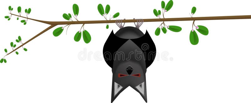 Bat Hangs From Branch of Blooming Apple Tree vector illustration