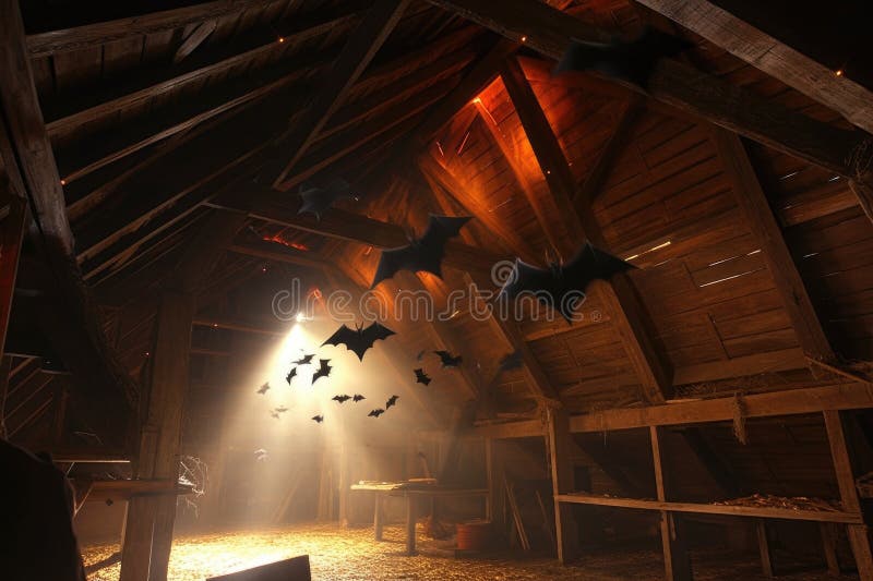 Bats clinging to attic beams near light source vector illustration