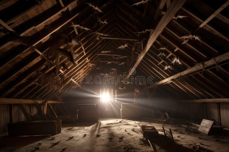Bats clinging to attic beams near light source stock illustration