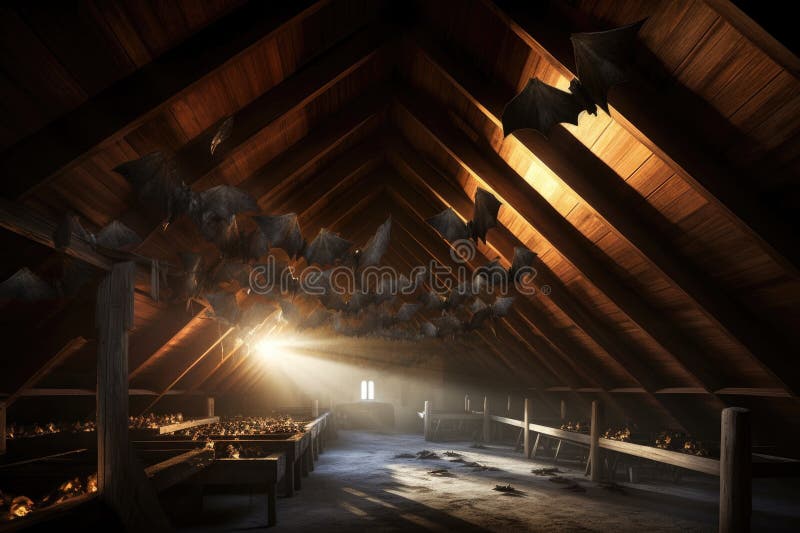 Bats clinging to attic beams near light source, created with generative ai