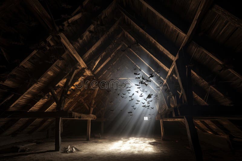 Bats clinging to attic beams near light source stock illustration