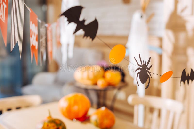 Little bats and spiders made out of paper used as decorations for Halloween