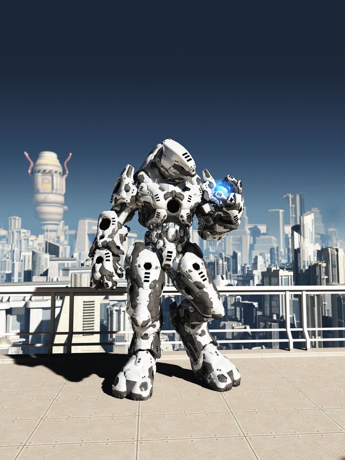 Futuristic science fiction battle droid guarding the streets of a futuristic city, 3d digitally rendered illustration. Futuristic science fiction battle droid guarding the streets of a futuristic city, 3d digitally rendered illustration