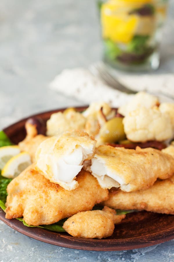 Battered Fish with Cauliflower Stock Photo Image of haddock, dinner