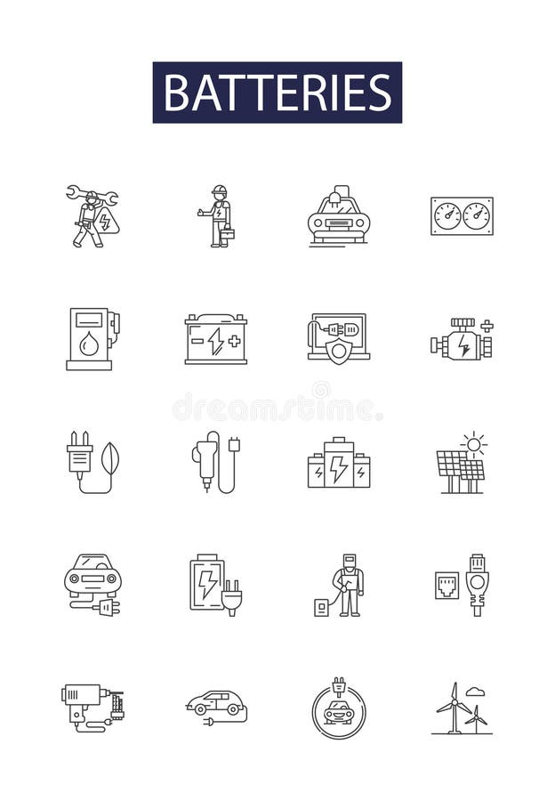 Batteries line vector icons and signs. Charger, Power, Rechargeable, Charging, Lithium, Lead-acid, Primary, Secondary vector outline illustration set