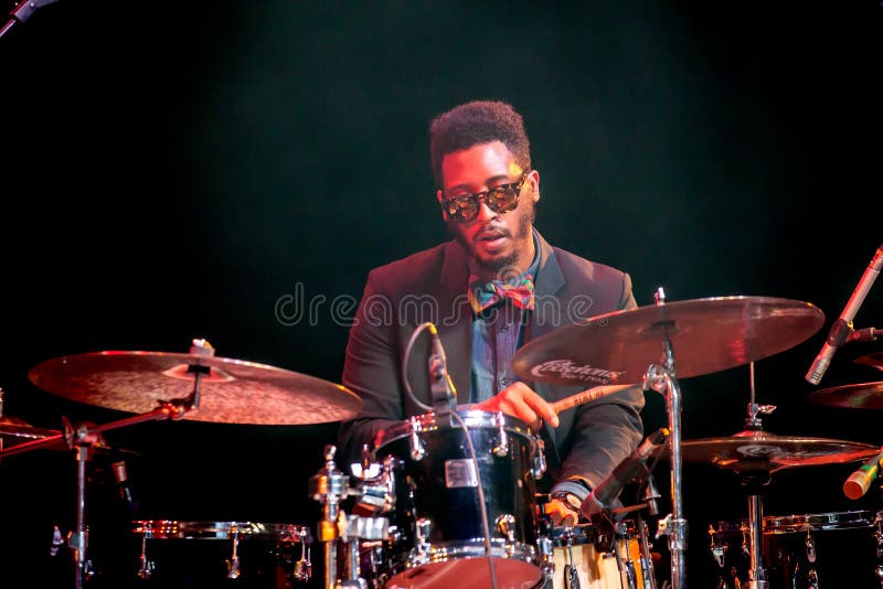 KAUNAS, LITHUANIA - APRIL 26, 2015: Jazz drummer Emanuel Harrold performs at the stage of "Kaunas Jazz" festival. KAUNAS, LITHUANIA - APRIL 26, 2015: Jazz drummer Emanuel Harrold performs at the stage of "Kaunas Jazz" festival.