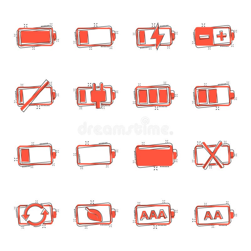 Battery charge icon set in comic style. Power level cartoon vector illustration on white isolated background. Lithium accumulator