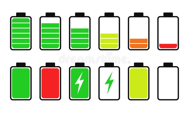 Battery charge status set. Collection icon phone battery energy levels and power indicator. Recharge battery electricity full and stock illustration