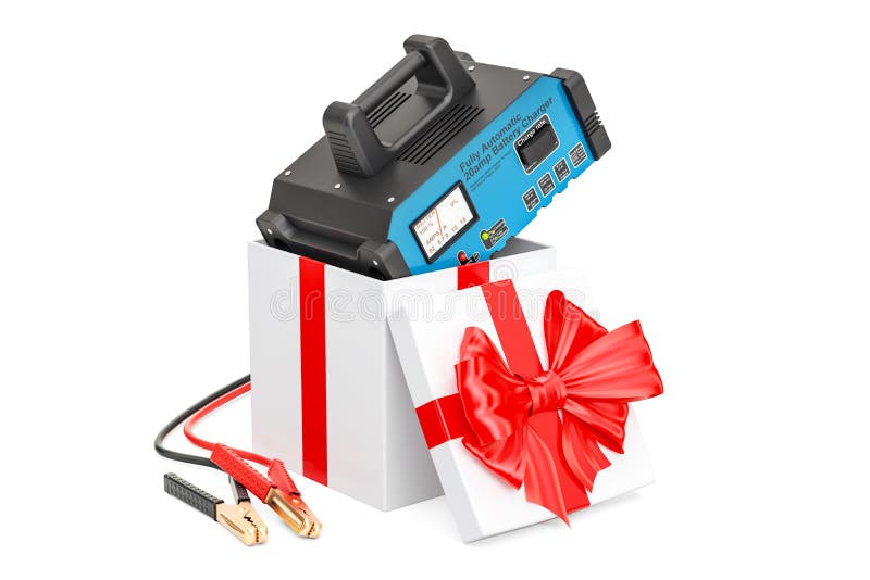Battery Charger Inside Gift Box, Gift Concept. 3D Rendering Stock