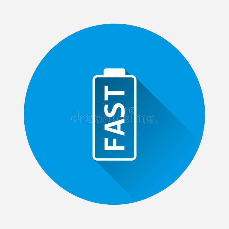 Battery fast charge icon on blue background. Flat image with long shadow royalty free illustration