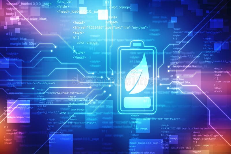 Battery Icon with Leaf in digital background, Energy Efficiency Concept, eco-friendly battery concept stock illustration
