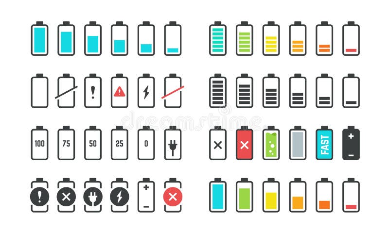 Battery icons. Phone charge level, UI design elements of battery percentage, full low and empty battery status. Vector royalty free illustration