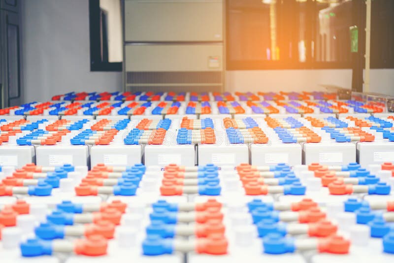 Battery pack in battery room in power plant for supply electricity in plant during shutdown phase, Rows of batteries in royalty free stock image Battery pack in battery room in power plant for supply electricity in plant during shutdown phase, Rows of batteries in royalty free stock image