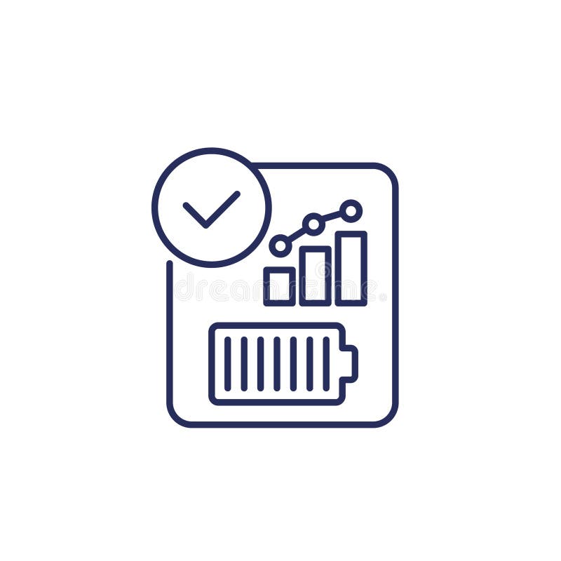 Battery performance line icon on white, vector stock illustration