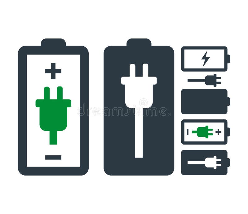 Battery with Power Plug Icon Set stock illustration