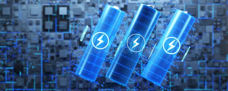 Battery selection concept. Three AA batteries on a technological background. battery fast charging concept. AA batteries. 3D vector illustration