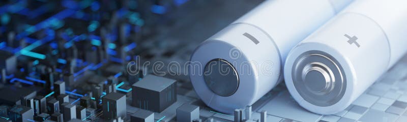 Battery selection concept. Three AA batteries on a technological background. battery fast charging concept. AA batteries. 3D vector illustration