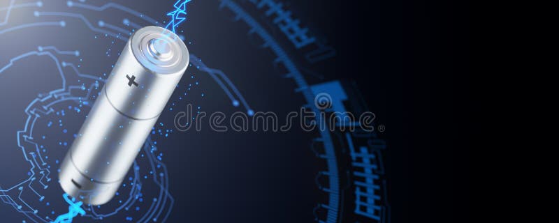 Battery selection concept. Three AA batteries on a technological background. battery fast charging concept. AA batteries. 3D royalty free illustration