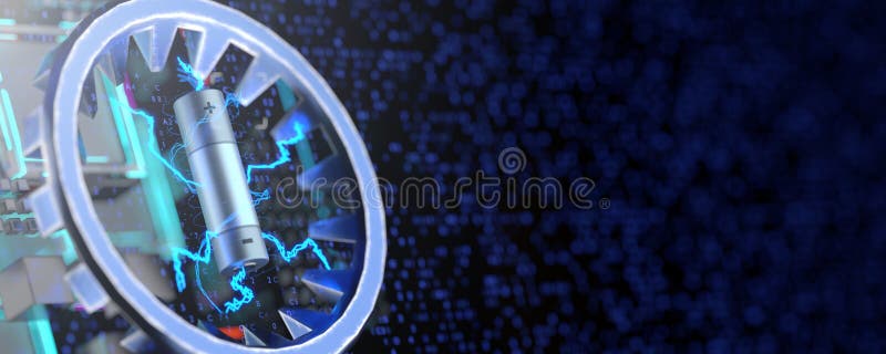 Battery selection concept. Three AA batteries on a technological background. battery fast charging concept. AA batteries. 3D royalty free illustration