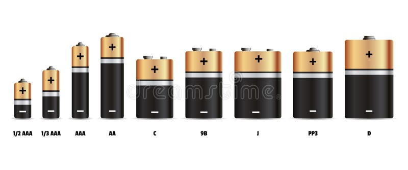Battery set in diffrent size. Glossy gold and black realistic alkaline or rechargeable batteries. Design blank mockup