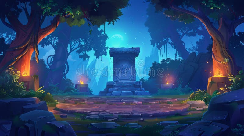 Battle arena with runes in a magic dark forest cartoon background. Aztec universe fantasy illustration with druid temple royalty free stock photography