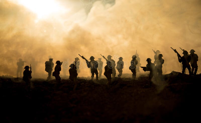 War Concept. Military Silhouettes Fighting Scene on War Fog Sky Background,  World War Soldiers Silhouettes Below Cloudy Skyline at Stock Image - Image  of battlefield, field: 142797987