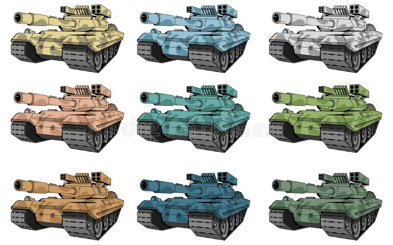 Battle tanks set, different types of camouflage tank, battle tank colored drawing.